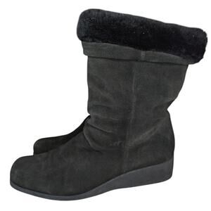 La Canadienne Black Suede Slouch Fur Mid-Calf Pull-On Low Wedge Boot 8.5 M